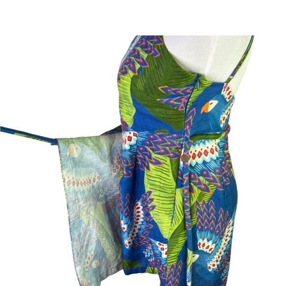 NWT FARM Rio Macaw Mini Dress Large Blue Green 100% Linen Tropical Nordstrom - Picture 5 of 8
